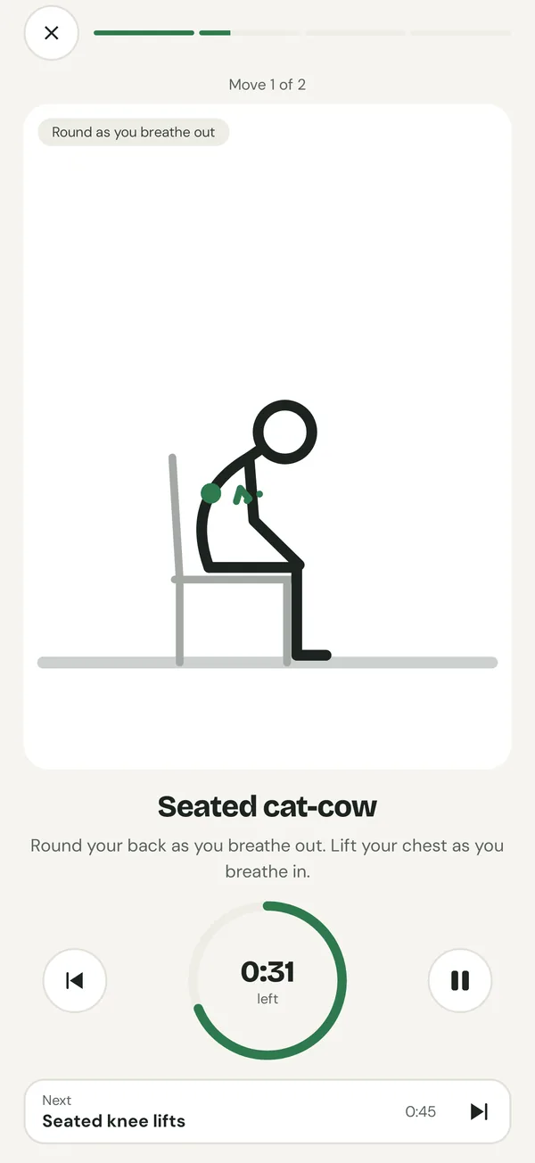 The session player: a seated cat-cow with a ring timer showing 0:31 left