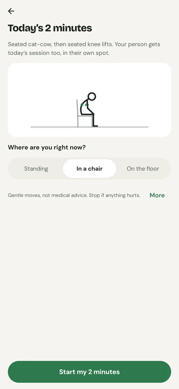 Duoleaf: Today's 2 minutes, seated cat-cow then seated knee lifts, with the choice Standing, In a chair or On the floor