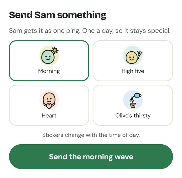 Duoleaf nudge sheet with four stickers: Morning, High five, Heart, Olive's thirsty