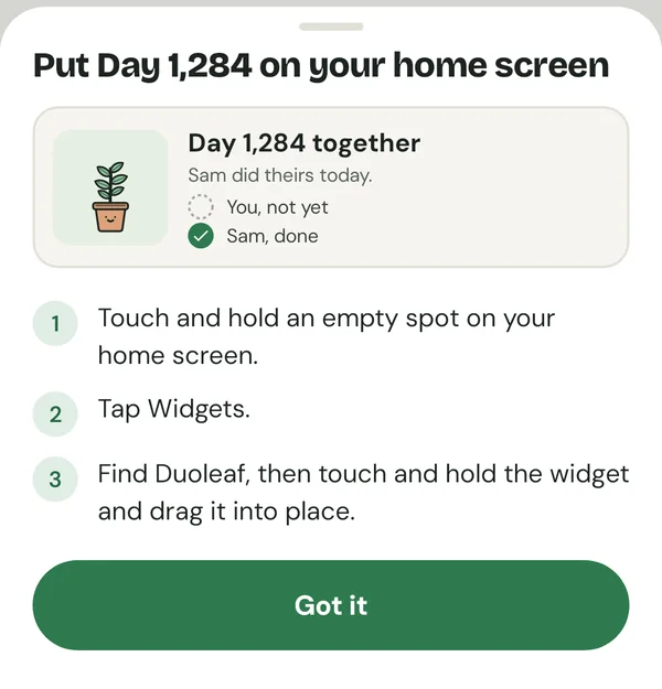 Duoleaf sheet: Put Day 1,284 on your home screen, with the widget preview and three steps